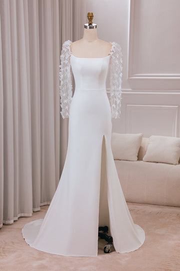 Vestido de novia de manga larga de manga larga de tren de trompeta de marfil con apliques 3D